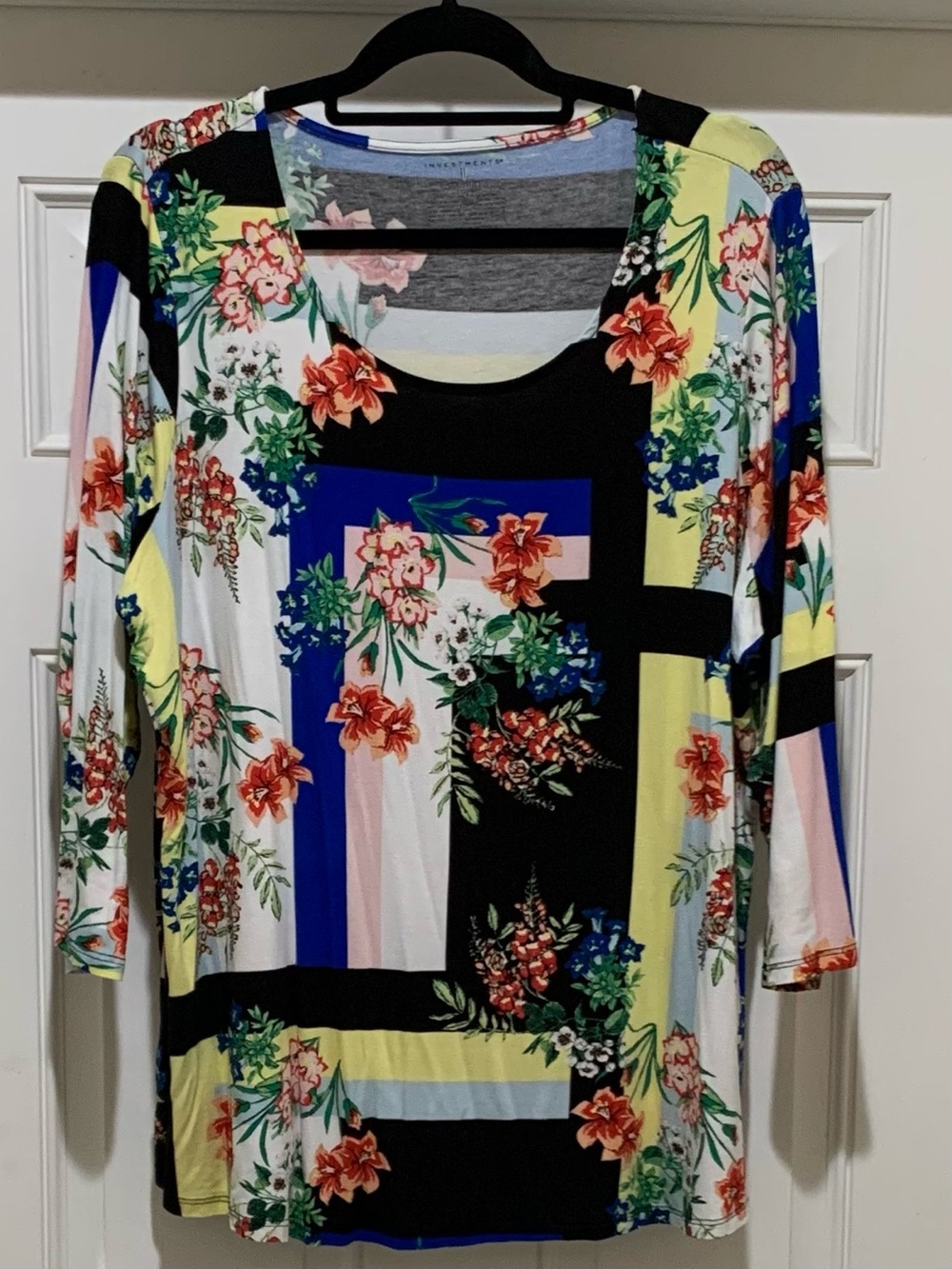 Investments Floral Patchwork 3/4 Sleeve Top Black, White, Yellow, Blue 2X